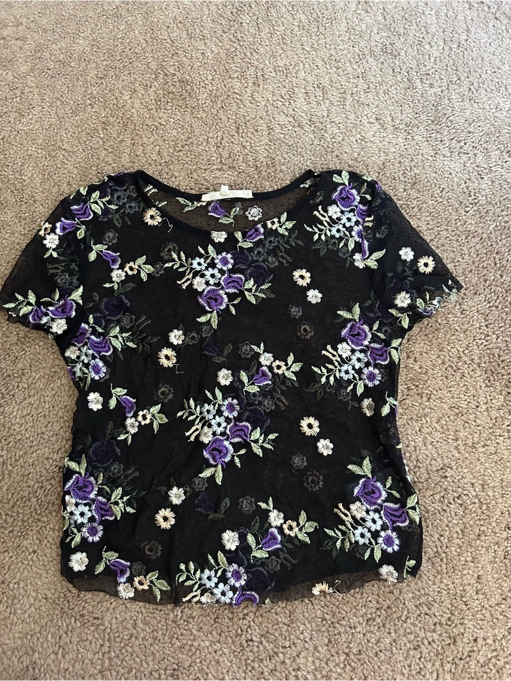 Black Floral Embroidered Short Sleeve Top